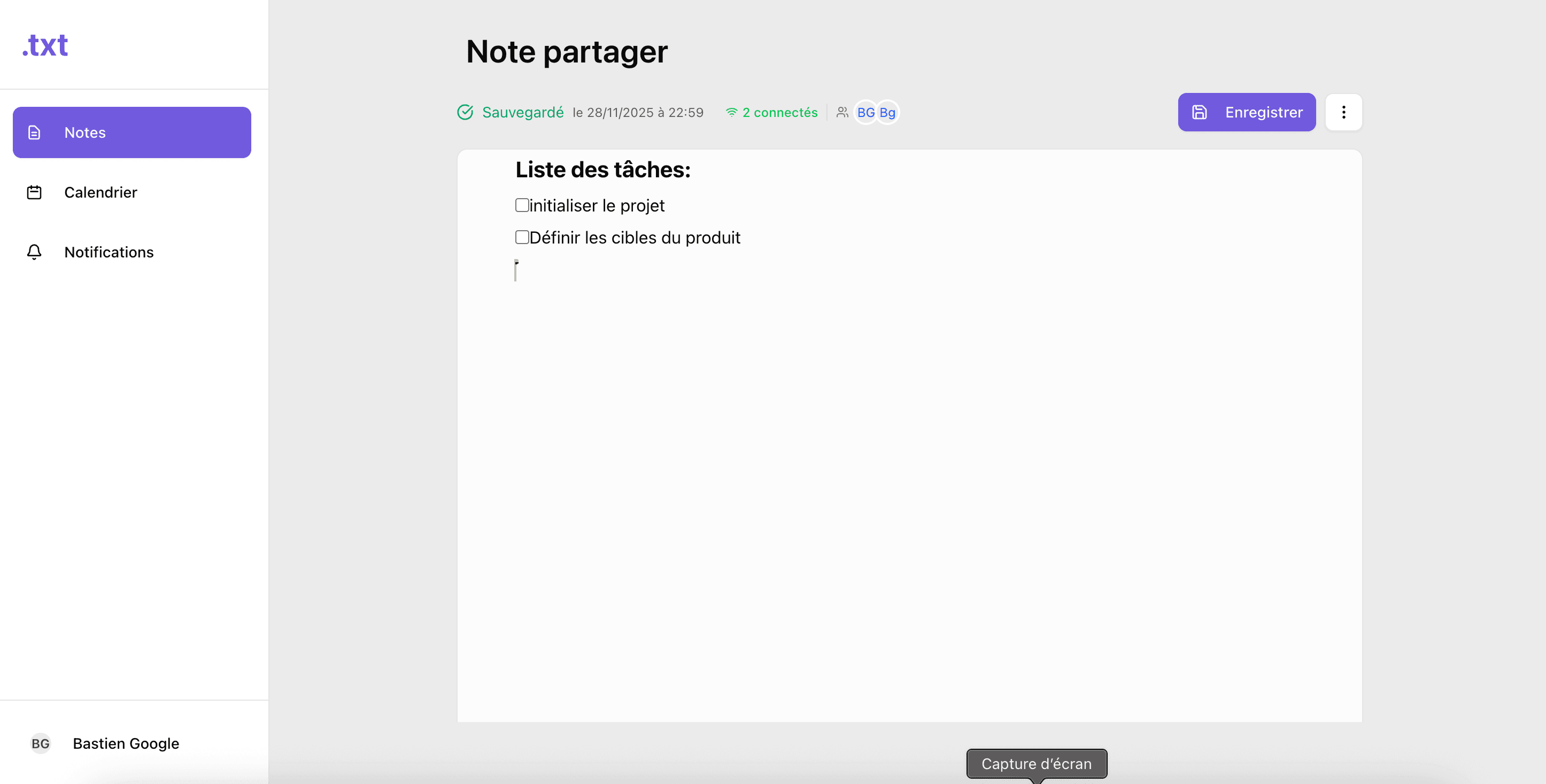 Interface de collaboration en temps réel Dot.TXT montrant plusieurs utilisateurs éditant une note simultanément avec synchronisation instantanée
